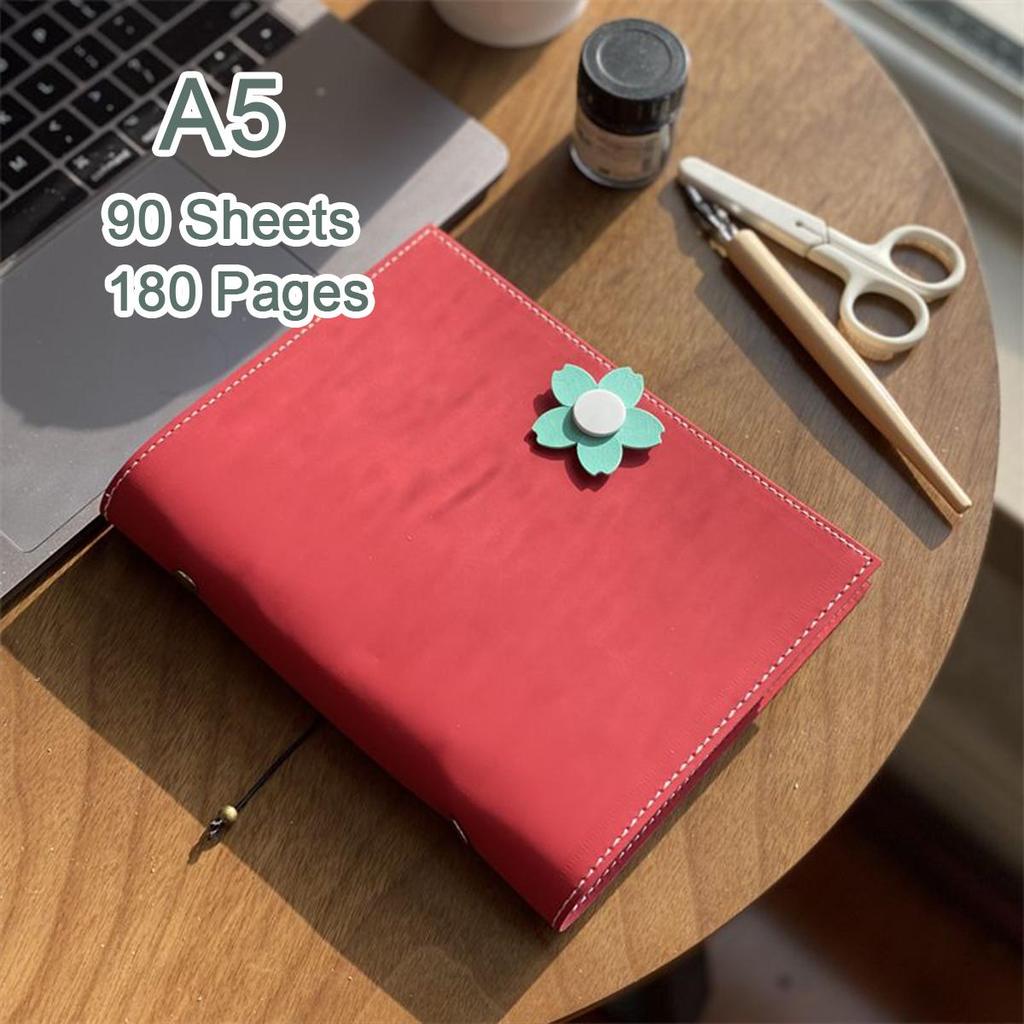 A5 travel diary, girls' leather notebook, student notebook, memo, 90 sheets, 180 pages, replaceable inner pages