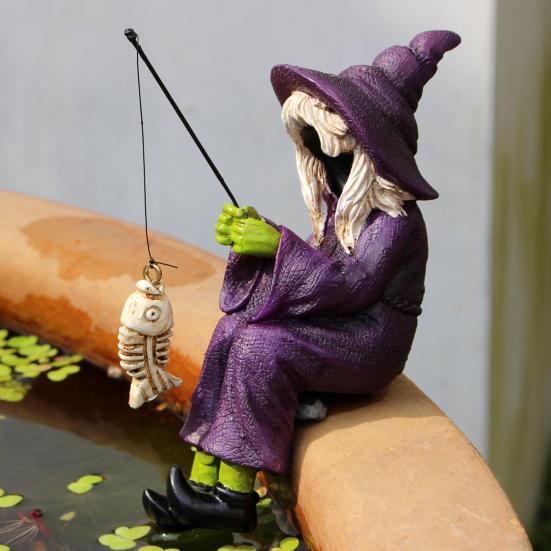 Witch Fishing Statue Decor UV Resistant Waterproof Halloween Resin Gothic Figure Garden Pond Edge Ornament