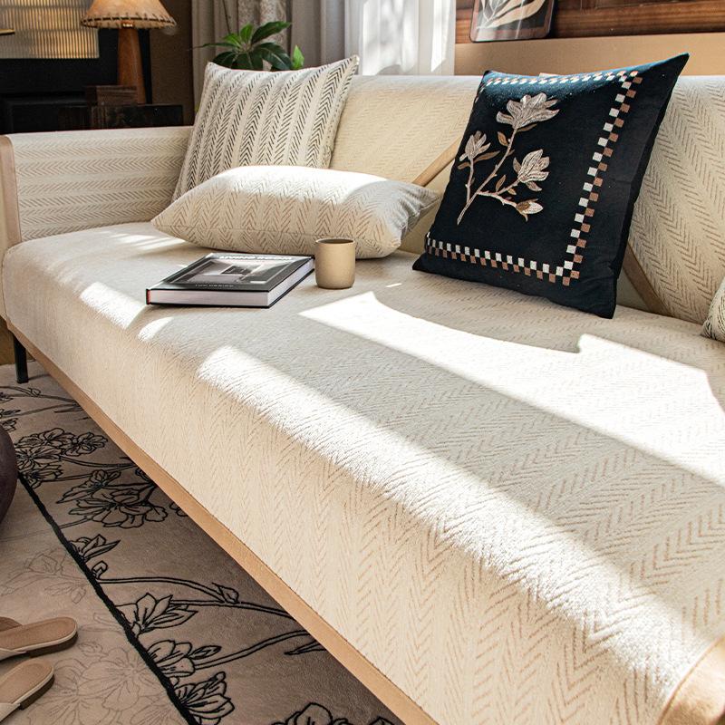 French Striped Sofa Cushion Four Seasonal Universal Middle Ancient Style Sofa Cushion Anti Slip Dustproof Chenille Sofa Cover