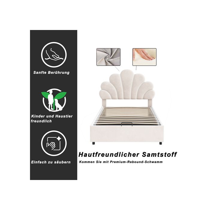 Lit d'enfant - MUVOE - 90 x 200 cm - Rembourré en velours - Tête de lit écrasée - Rangement intégré