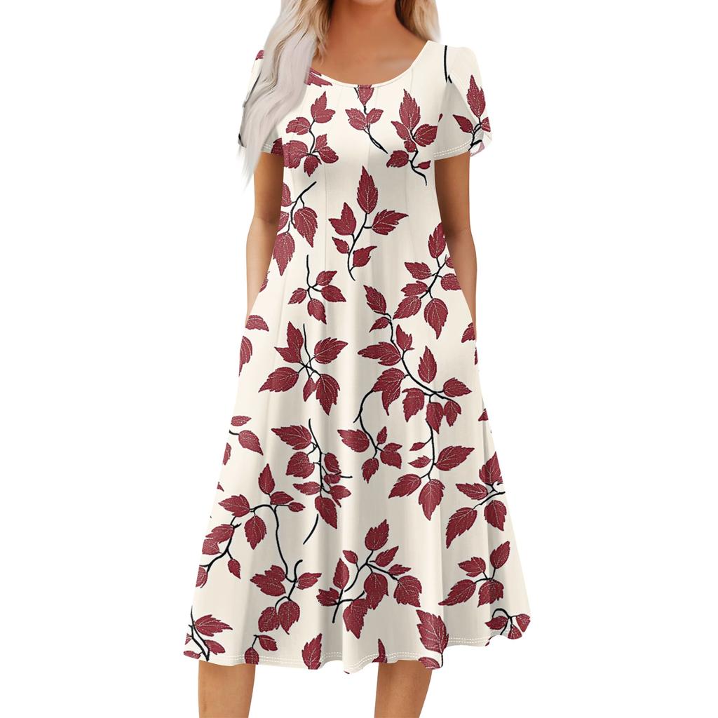 Women's Casual Fashion Round Neck Printed Short Sleeve Pocket Dress