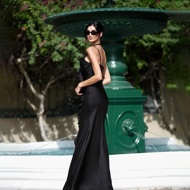 New Style Long Dress Fashion Elegant Slim Flower Ribbon Satin Sling Dress Women