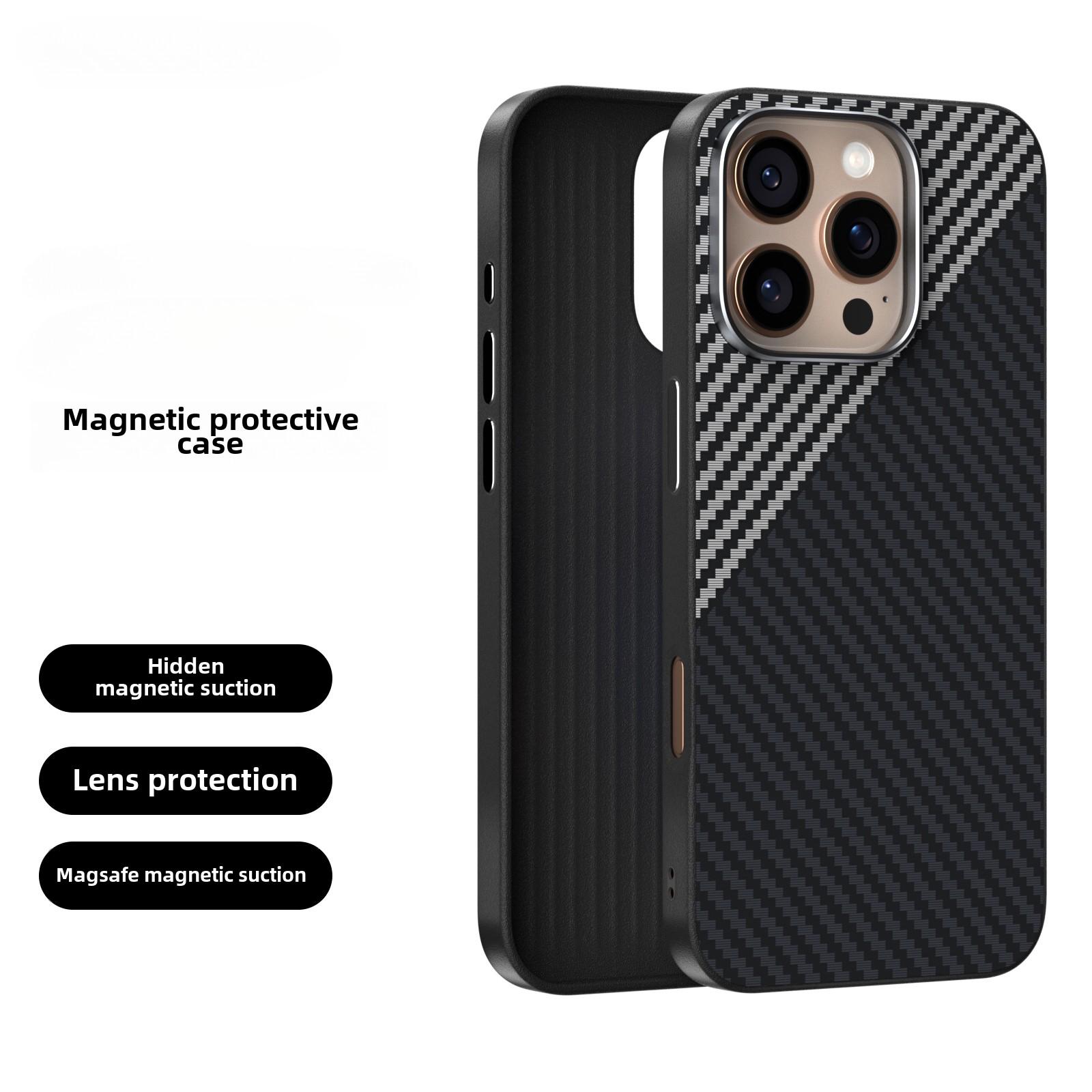 

Магнитный чехол из углеродного волокна и кожи для iPhone 16 15 Plus 14 13 Pro Max, защитный чехол с жесткой оболочкой For iPhone 15 Pro Max