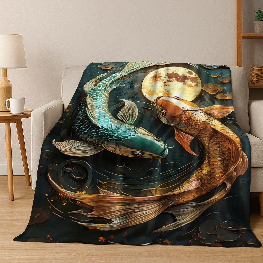 Luxuriöse Glückskarpfen Yin Yang Karpfen Cartoon Flanell Decke, Gemütliche Weiche Überwurfdecke für Zuhause Schlafzimmer Bett Sofa Abdeckung Geschenk Kind