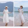 Women's White Cotton Linen Puff Sleeve Belted Midi Dress