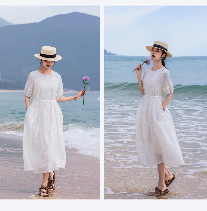 Women's White Cotton Linen Puff Sleeve Belted Midi Dress
