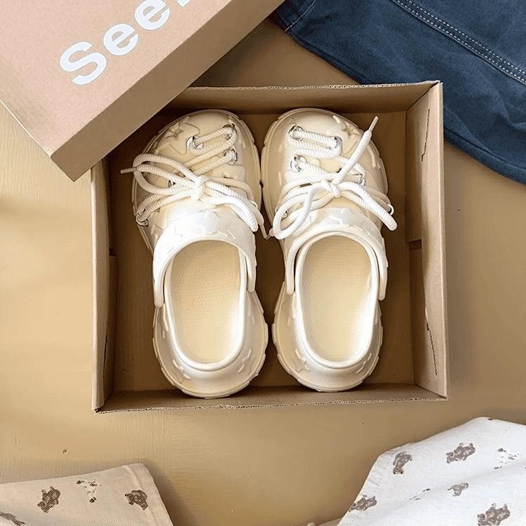 

Летние новые милые мультяшные туфли с дырочками на шнуровке, платформа, универсальные, нескользящие, пляжные, сумка на голову, шлепанцы 40-41 бежевый