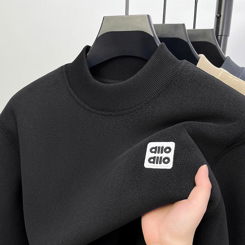 Men's Heavyweight Alpaca Wool Hoodie with Velvet Lining, Fleece-Lined, Versatile Round Neck Base Layer Shirt