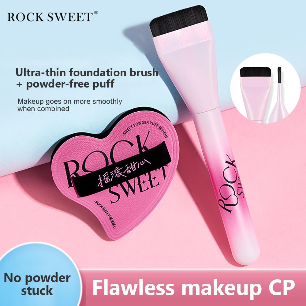 ROCK SWEET Flat Foundation Brush & Sponge Puff Set Soft Reusable Foundation Brush Powder Puff Set for Liquid Cream Powder