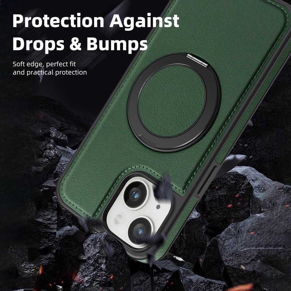 For iPhone 14 Plus Case with Ring Kickstand Compatible with MagSafe PU Leather Back Cover
