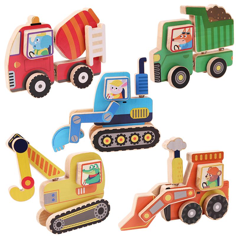 Children's wooden assembly building blocks set with realistic engineering vehicle model - an educational toy set for kids