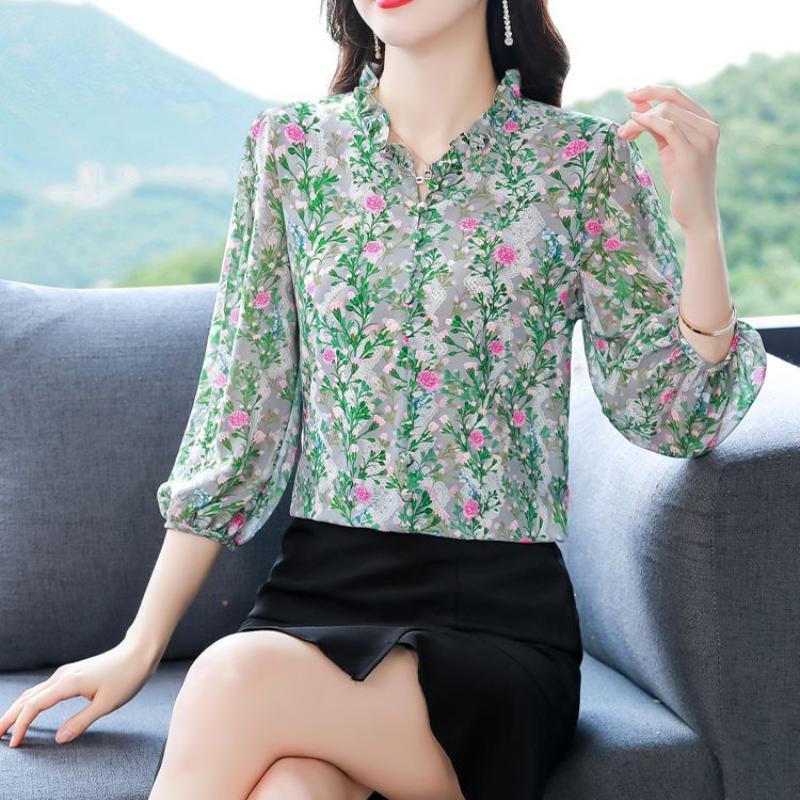 Spring/Summer New 3/4 Sleeve Floral Chiffon Shirt Fashion Ruffle Print Wood Ear Collar Top Blouse Blusas
