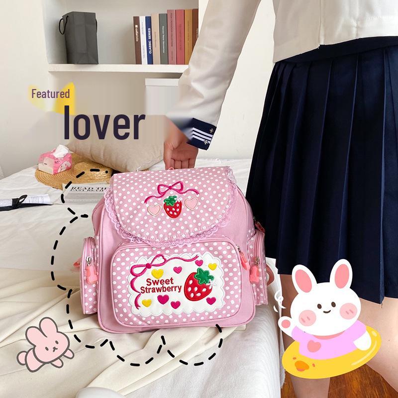 Japanese Soft Girl Cute Strawberry Embroidered Lace Backpack
