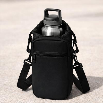 Adjustable Shoulder Strap Crossbody Water Bottle Bag Insulation Mobile Phone Pocket Cup Sleeve Drawstring Design Hands-Free
