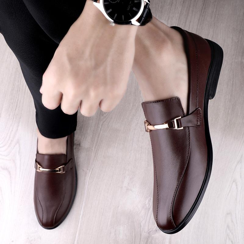 Fashion Genuine Leather Low-heel Business Formal Casual Shoes Spring Autumn Metal Buckle Loafers Breathable Comfortable Men Moccasins