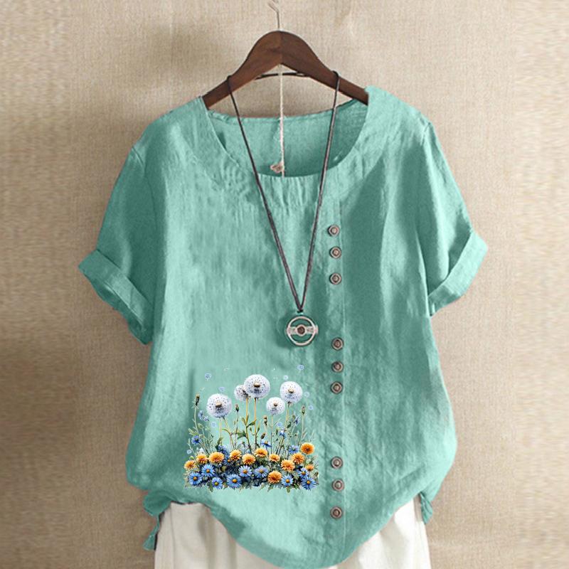 Women's Fashion Flower Cluster Prined Short Sleeve T-shirt Loose Cotton Shirt Casual Loose Summer Blouse Tops Plus Size