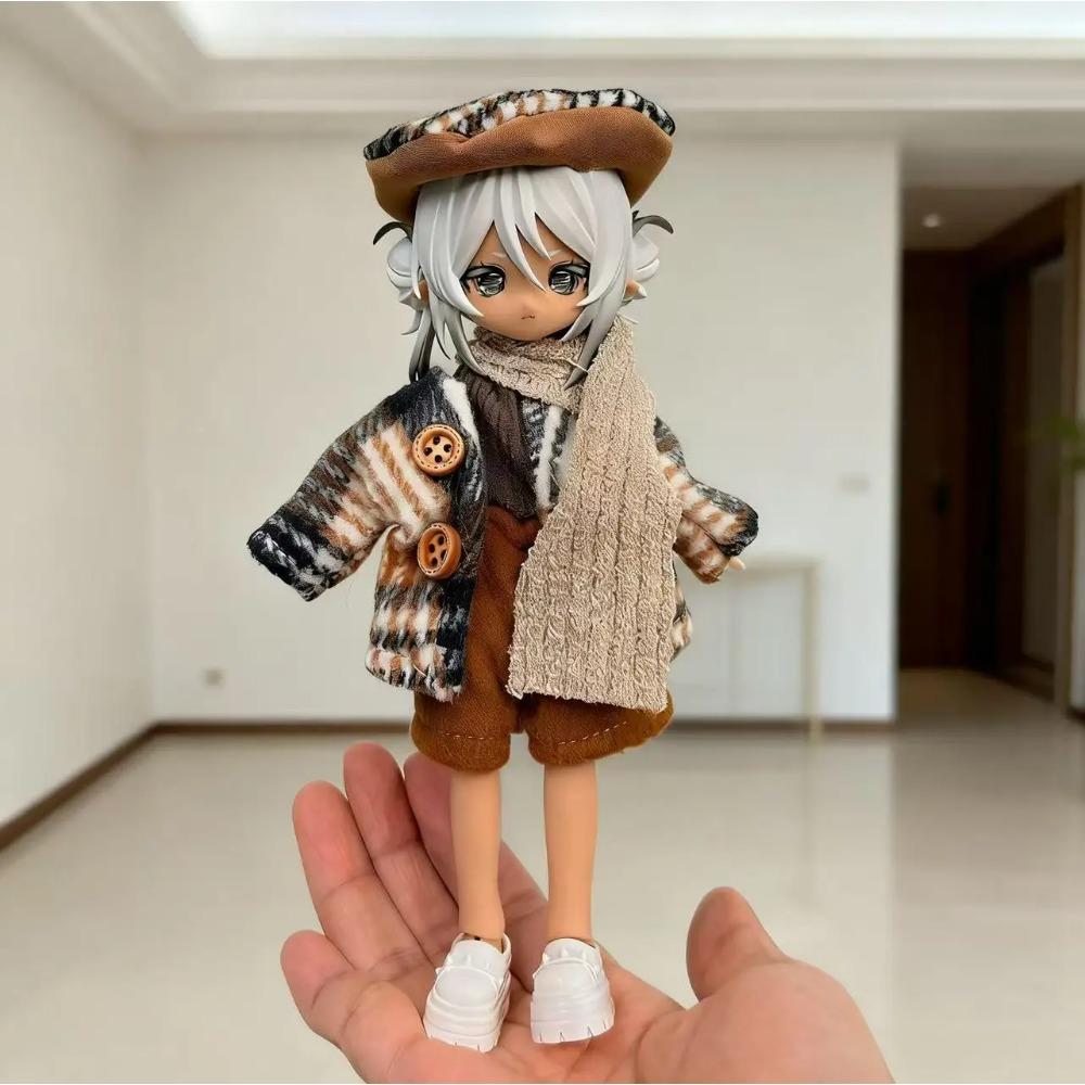 For 1/8 1/12 OB11 BJD Doll Clothes Set - Winter Plush Maid Outfit Cute Warm Doll Dress Up Accessories (Only Clothes)