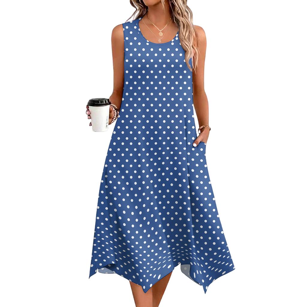 Damen Freizeitkleid für den Sommer, Tankkleid, lockeres Strandkleid mit Taschen, ausgestelltes Midi-Sommerkleid
