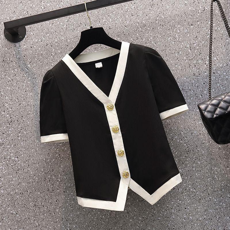 Französische Büroangestellte Slim Duftendes Sommerhemd Neu V-Ausschnitt Strickjacke Kurzarm Damen Knopf Einfach Schick Mode Weiße Oberteile