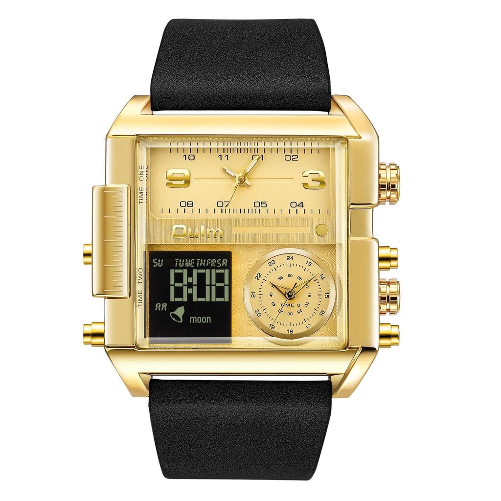 Oulm Men's Square Dial Waterproof Sport Watch with Multifunctional Features and Gold Leather Strap