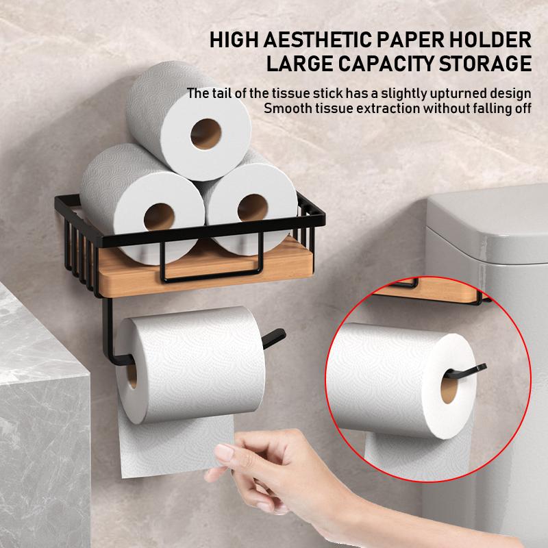 Wooden Toilet Paper Holder Bathroom Wall Mount WC Paper Phone Holder Shelf Storage Paper Towel Holder Accessories