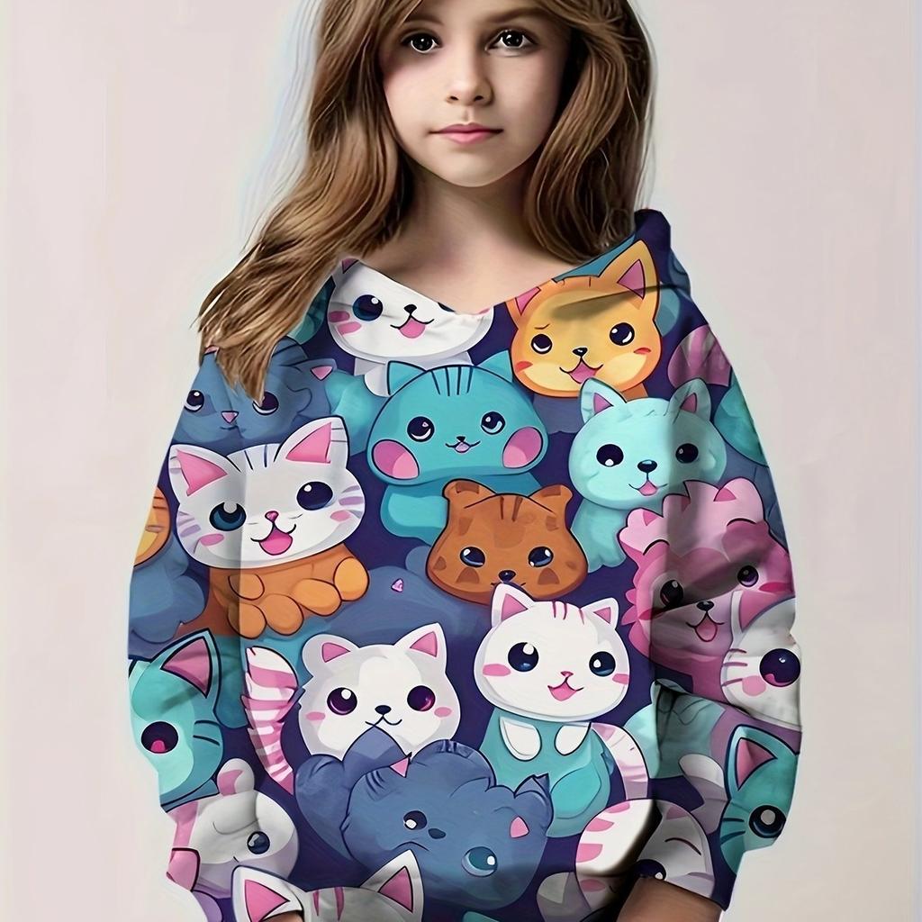 Kids Clothes Girl Hoodies Long Sleeve Cute 3D Cat Print Children Spring Fall Clothes Casual Cartoon Outdoor Girl Clothes Tops