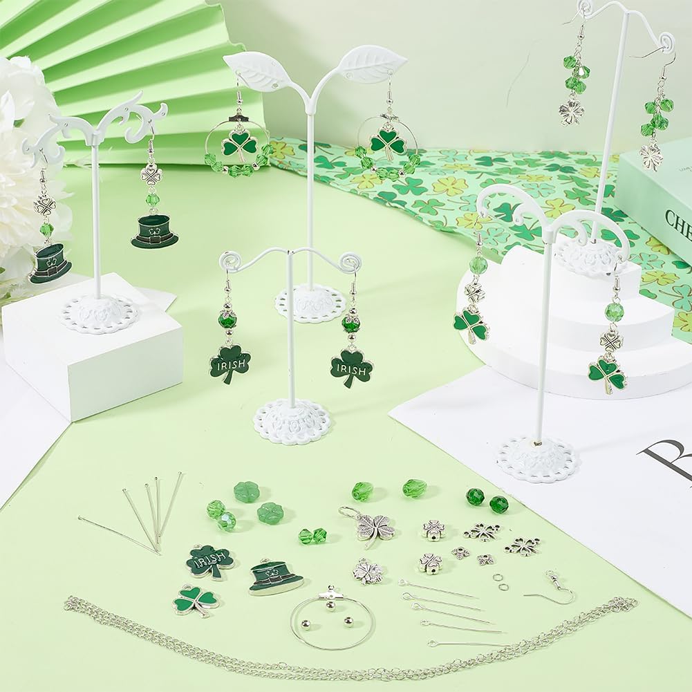 SUNNYCLUE 1 Box DIY 10 Pairs St Patricks Day Earrings Making Kit Silver 3 Leaf Clover Charms Irish Shamrock Charm Green Glass Spacer Beads for