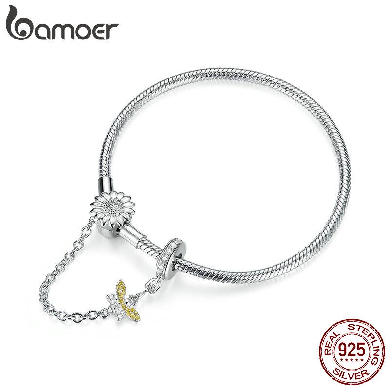 

bamoer Authentic 925 Silver 3mm Snake Charm Bracelet with Sunflower Safety Chain DIY Bracelets Accessories BSB041 17cm