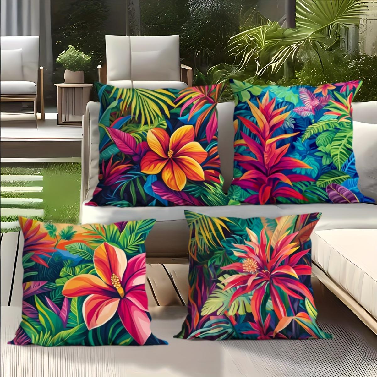 4Pcs Farida Bio Tropical Hibiscus/Palm Leaf Pillow Covers, Dark Background, Multicolor, Weatherproof Zipper, Indoor, Valentine S & Easter Decor Peach skin 18*18(CM)-4Pcs