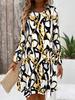 Women's Long-Sleeve Round-Neck Dress, Black-White Abstract & Gold Chain Print, Casual Office & Semi-Formal Wear