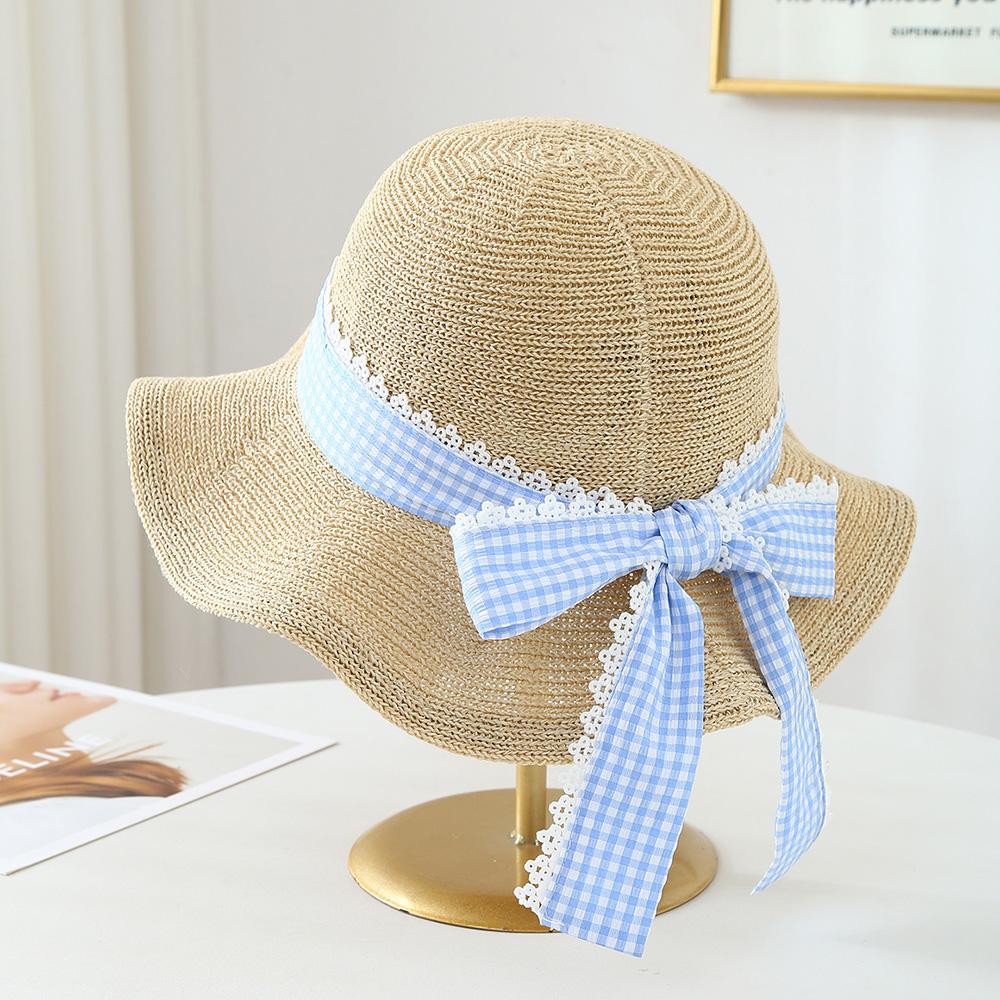 

New Summer Women s Straw Hat Lace Butterfly Knot Wave Design Knitted Sunshade Beach Hat Korean Style Large Brim Fisherman Cap бежевый