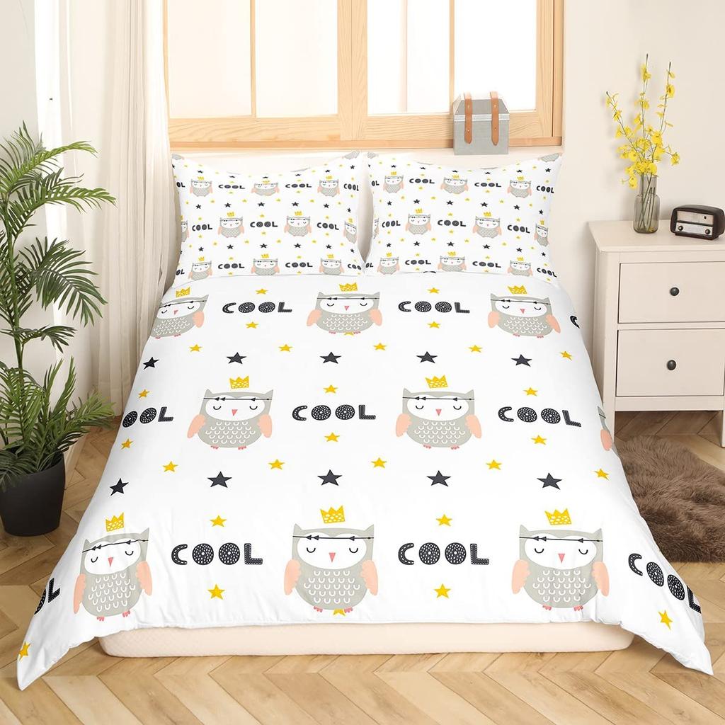 Cartoon Owl King Queen Duvet Cover Gray Cute Animal Bedding Set Pink Orange Grey Flowers Comforter Cover Polyester Quilt Cover