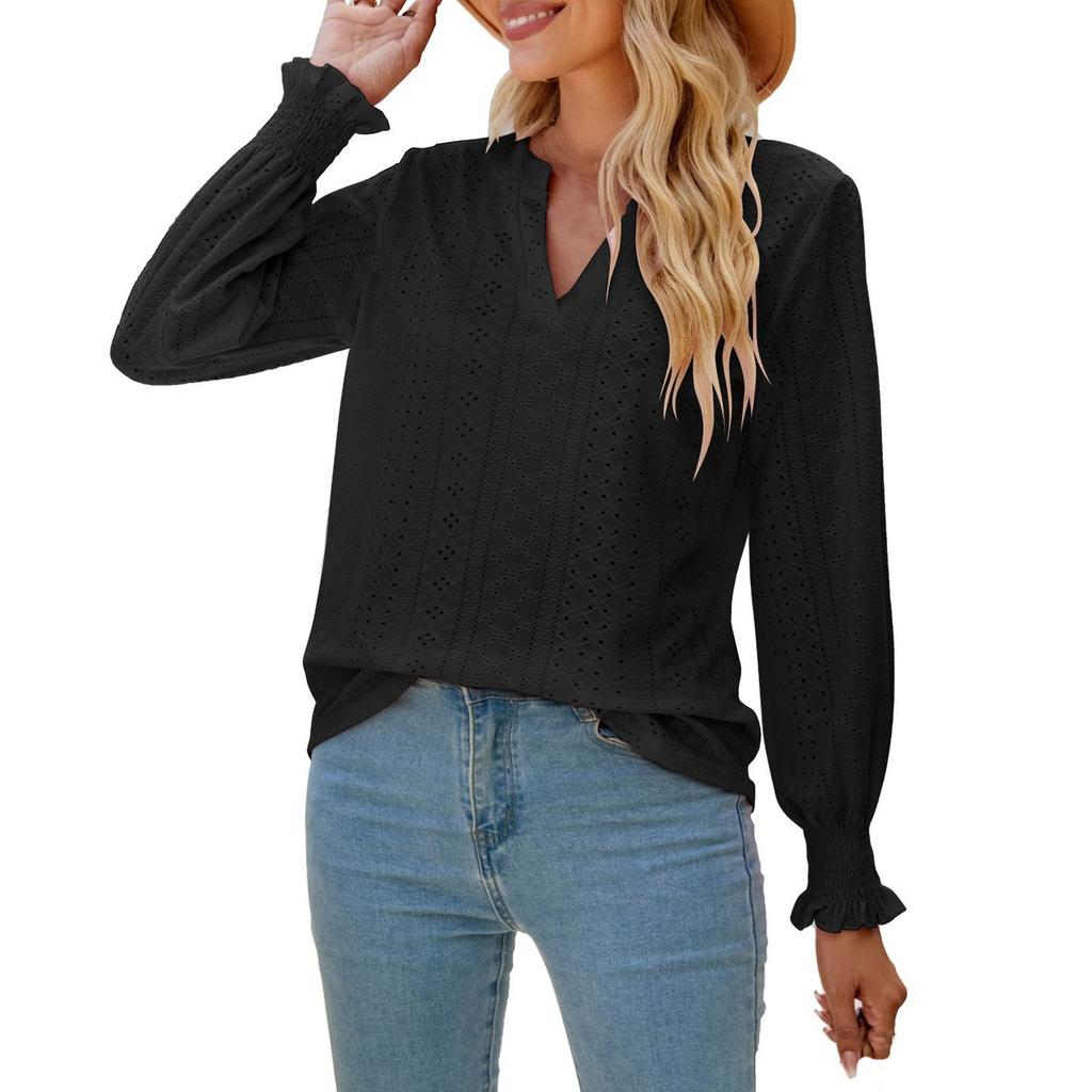 Women's Fashion Color Cut-out And Pleated Leaf Sleeve V Neck Loose Sleeve Top