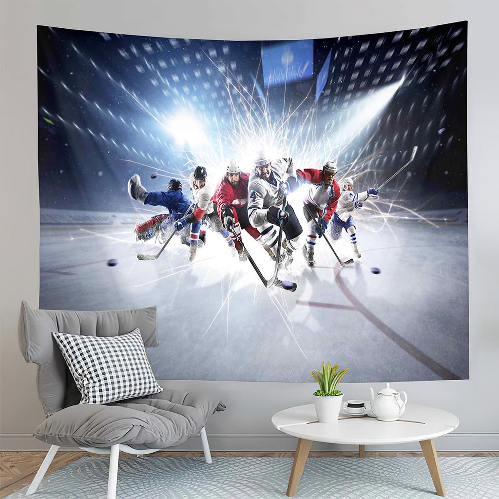 Ice Hockey Player and Puck Tapestry Modern Sport Illustration Tapestry Aesthetic Home Decor Tapestry for Living Room Bedroom