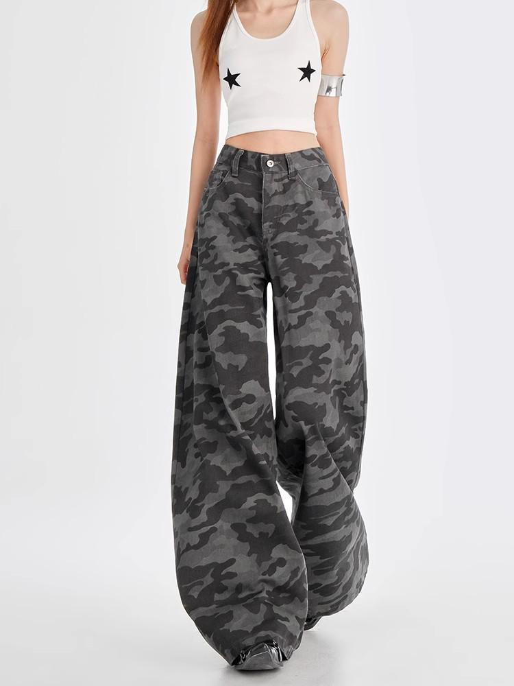 Women's Vintage High Waist Camo Wide-Leg Jeans - Spring Slimming Loose Fit