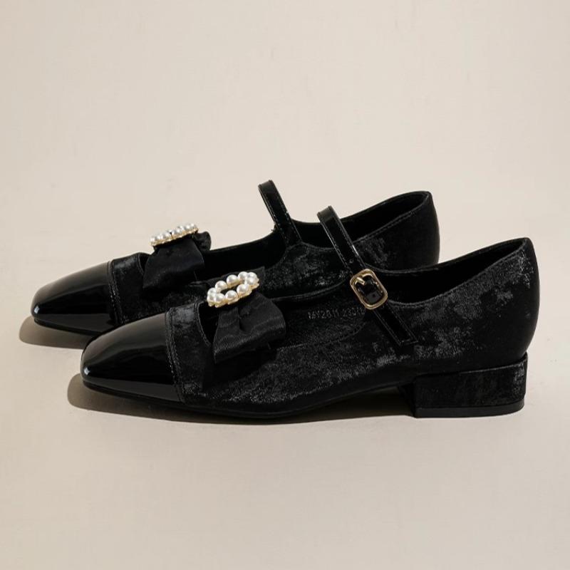 Spring New Coarse Heel Single Shoes Women's Square Head Shallow Mouth Butterfly Knot Non-slip Low Top Shoes