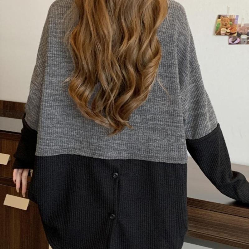 Women's Pullover Sweatshirt  Patchwork Contrasting Color Mid Length Autumn and Winter Loose Lazy Top Base Shirt