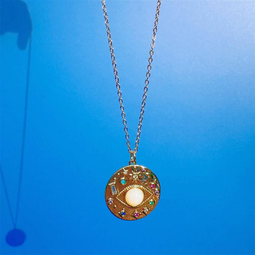Lucky Evil Eye Zirconia Necklace with Sun, Moon, and Star Diamond Inlaid Pendant - Simple and Chic Clavicle Chain with Color Retention