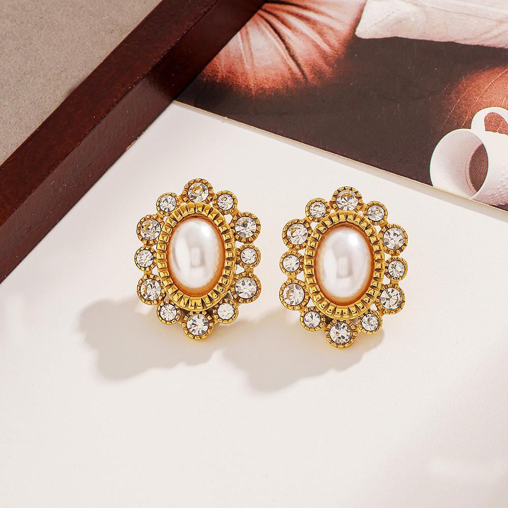 Ying Tai High Polish 18K Gold Stainless Steel Earrings with Faux Pearl and Zircon Studs
