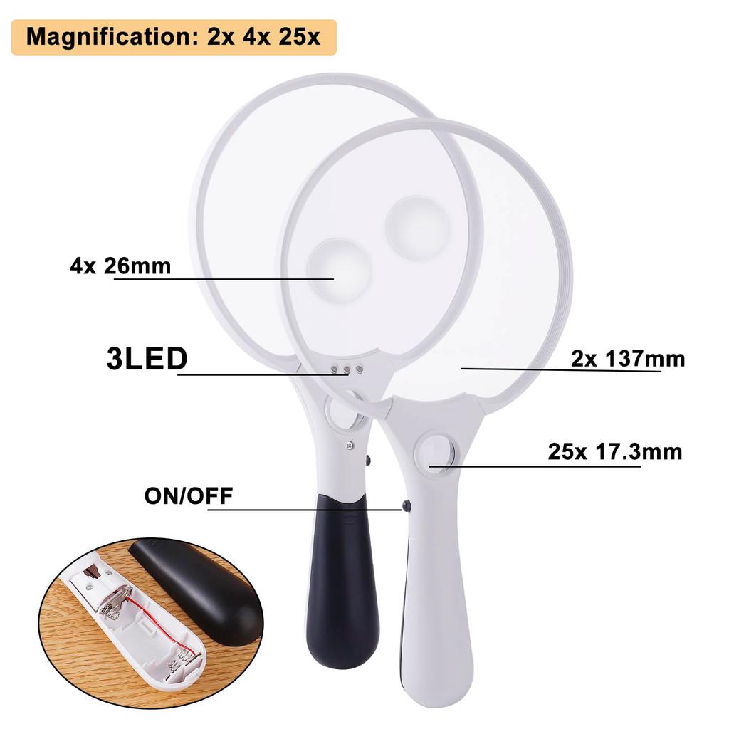 Large Reading Magnifier with 3 LED Lights 2X 4X 25X Handheld Magnifying Glass Illuminated Lupa 137mm Loupe Lens for Seniors
