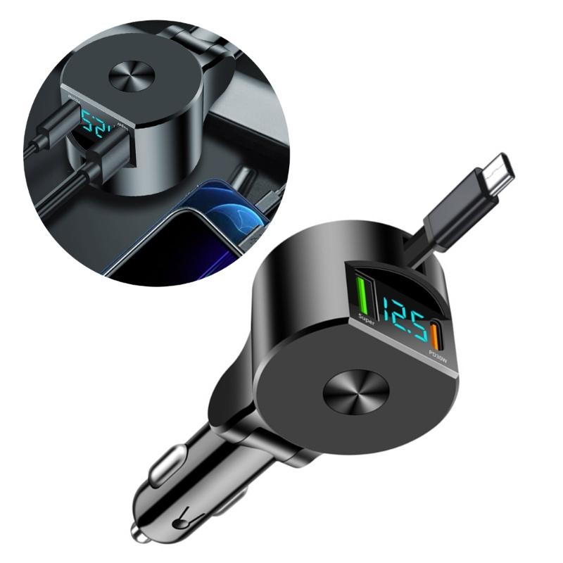 Portable Car Charger with Extendable Cord Support PD30W Quick Charging 12V-24V Wide Voltages Compatibility for Phones