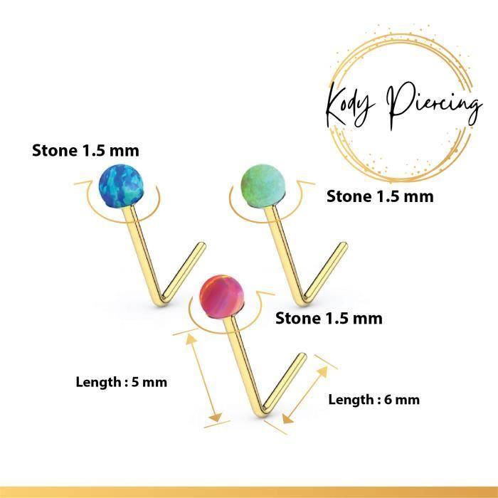 KODY PIERCING Set Of 3 Pieces 9 Carat Gold L Rod and 1.5mm Blue, Green, Fuchsia Opal