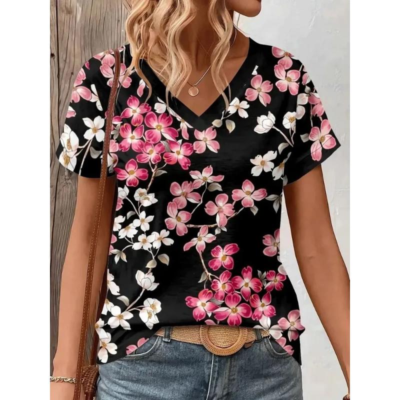 Fashion Women's V-Neck Short Sleeve 3D Flower Color Printing V-Neck Flower Short Sleeve