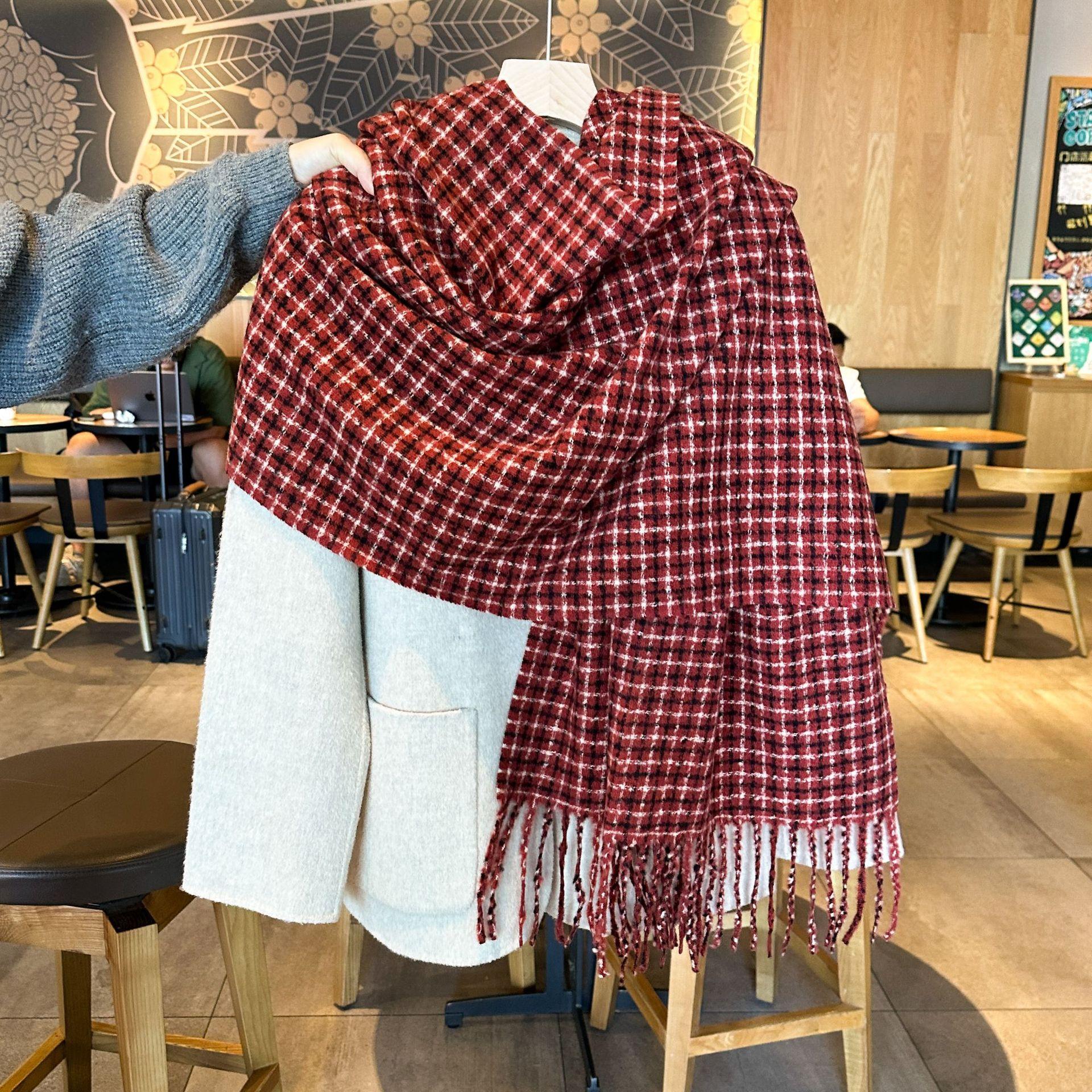 

High End Houndstooth Fringed Scarf for Girls Korean Style Versatile Thickened Warm Scarf Long Shawl 65*180CM