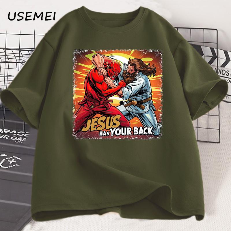 Ježíš ti kryje záda Jiu Jitsu Retro Křesťanské Tričko Pánské Bavlněné Tričko s Krátkým Rukávem Streetwear Unisex Oblečení Grafická Trička