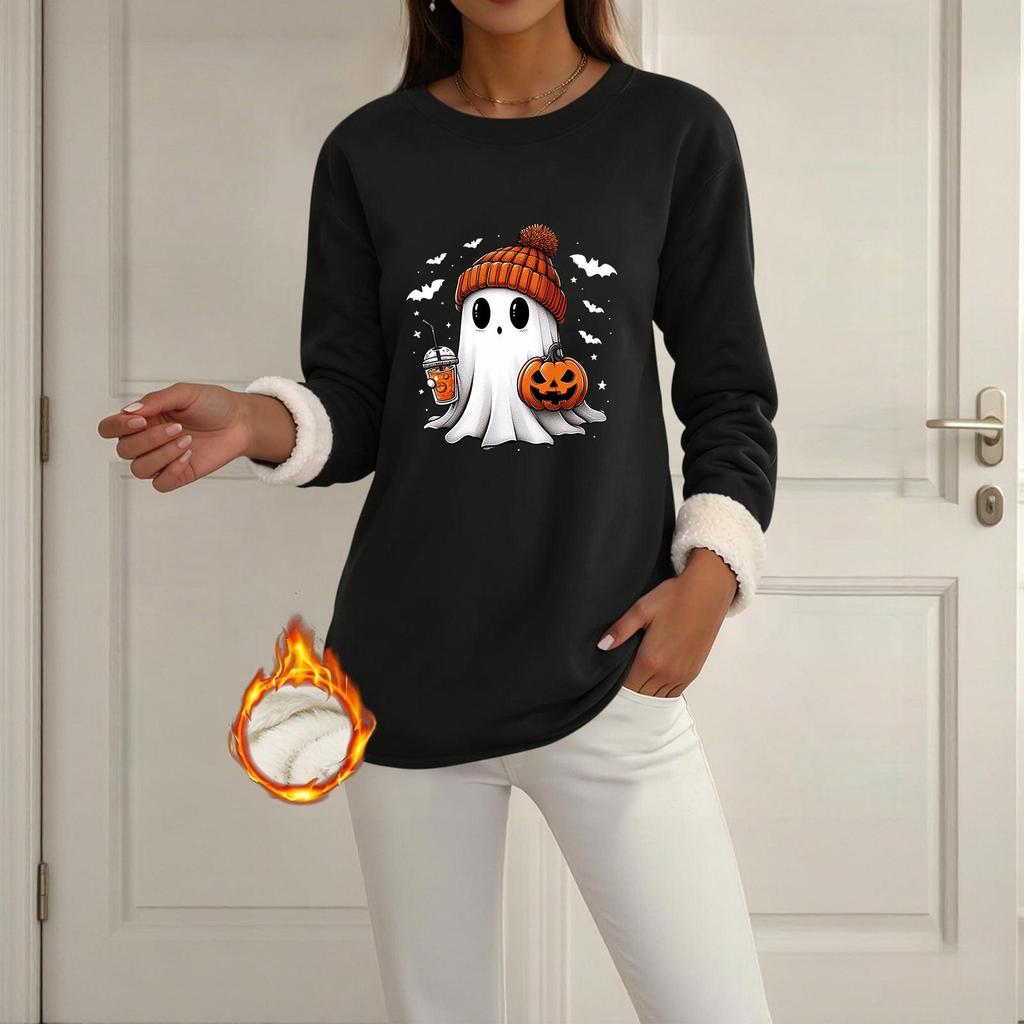 Women's Lined Long Sleeve Neck Halloween Print Top
