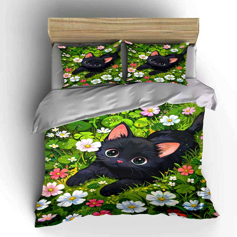 Cute Floral Cat Set - Home Decor Accessories Multiple Sizes Kid'S And Adults' Bedroom Exquisite 3Pc Bedding Set, Gift