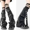 Womens Harajuku Punk Denims Flared Leg Warmer Metal Buckled Straps Pocketed Cargo Boot Cover Long Stockings Streetwear