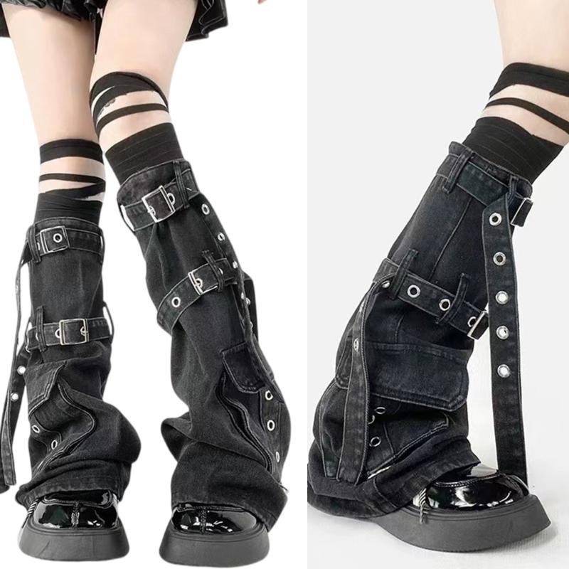 Womens Harajuku Punk Denims Flared Leg Warmer Metal Buckled Straps Pocketed Cargo Boot Cover Long Stockings Streetwear