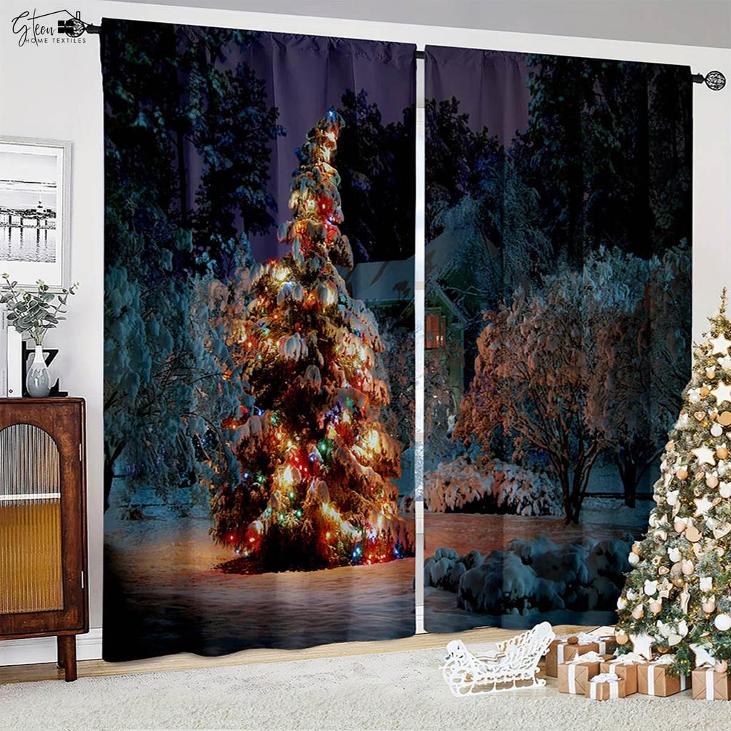 Christmas Decoration Curtains Christmas Tree Santa Claus Gift Snowman Living Room Children's Room New Year Holiday Curtains 2PCS
